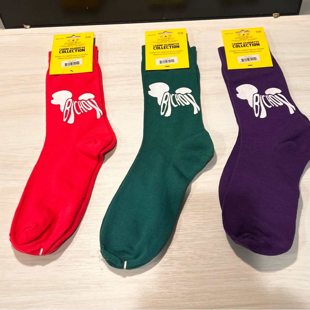 Foozys Canine Collection Socks Bichon Unisex Green Pink Purple Set Of 3 One Size
